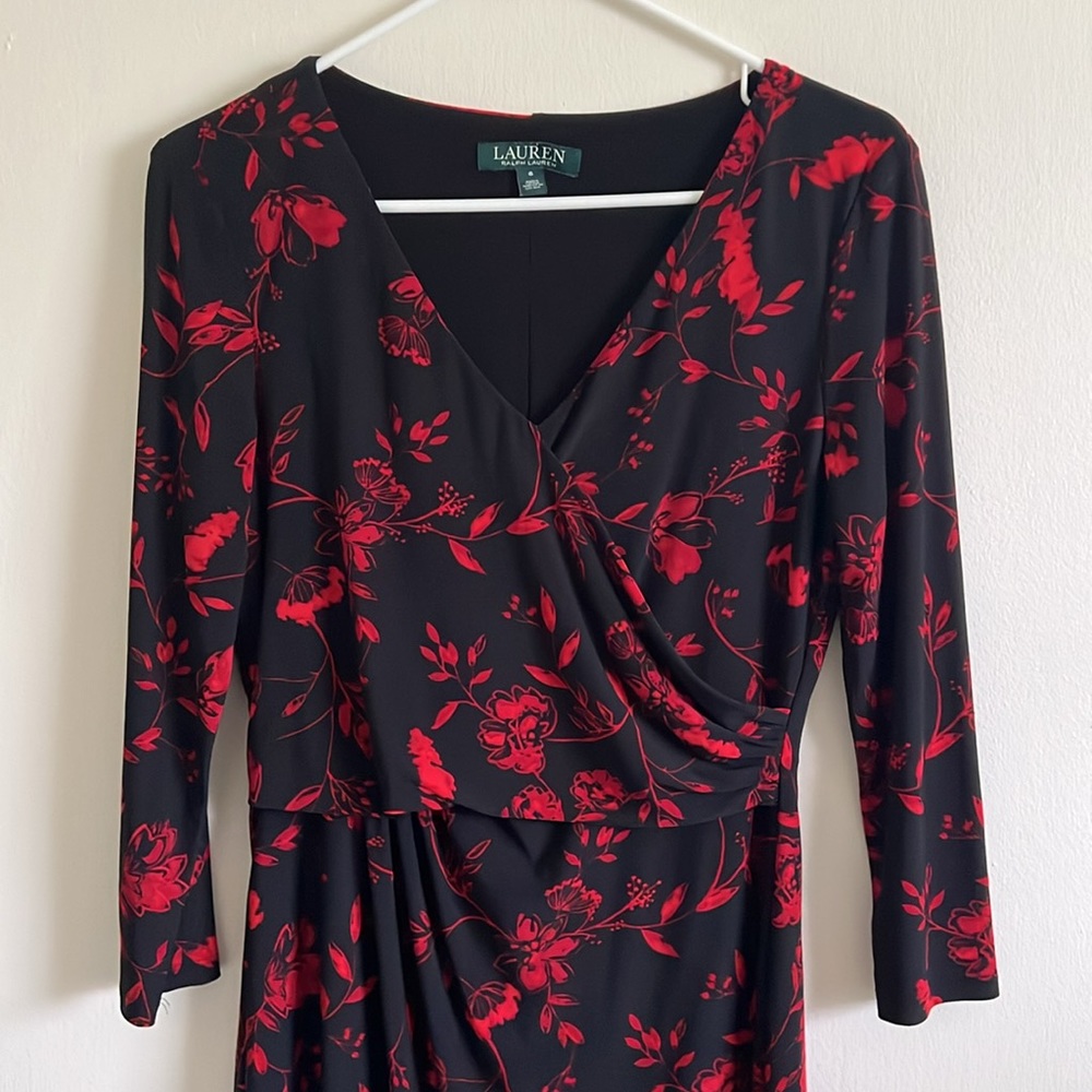 Lauren Ralph Lauren Red and Black Holiday Dress 3/4 Sleeve
